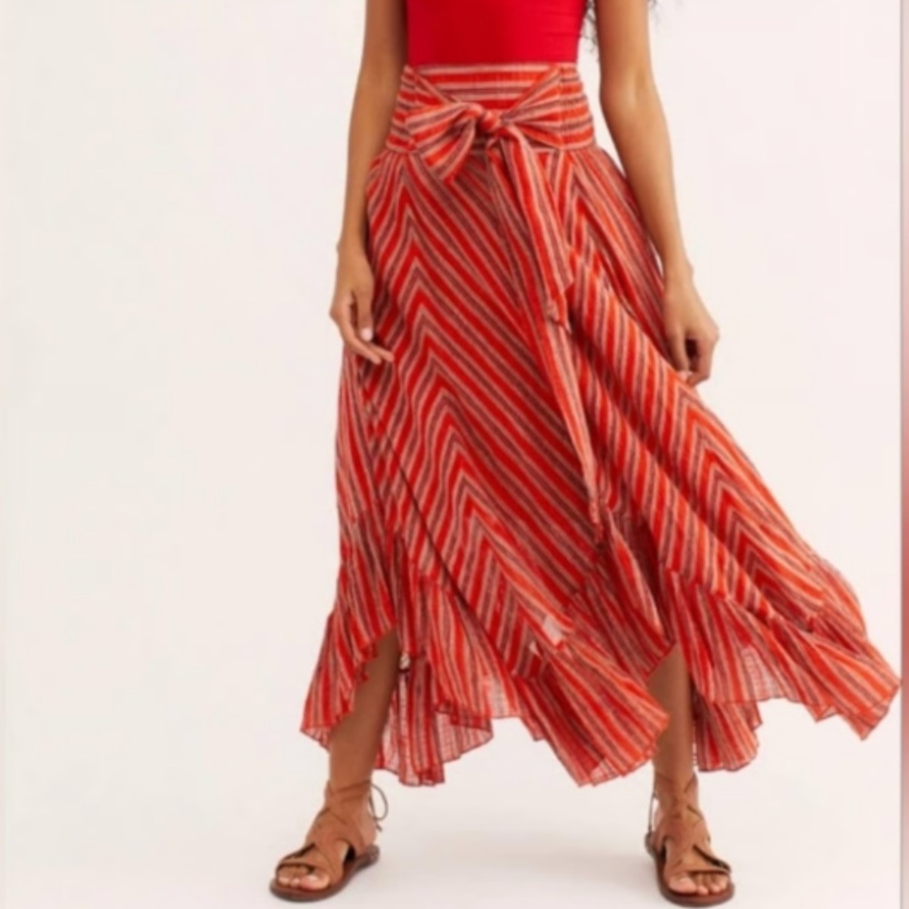 Free people one Giselle gauzy convertible maxi skirt red striped size small